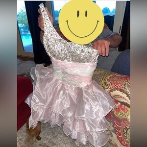 Pink and White One-Shoulder Dress with Ruffles babydoll brand